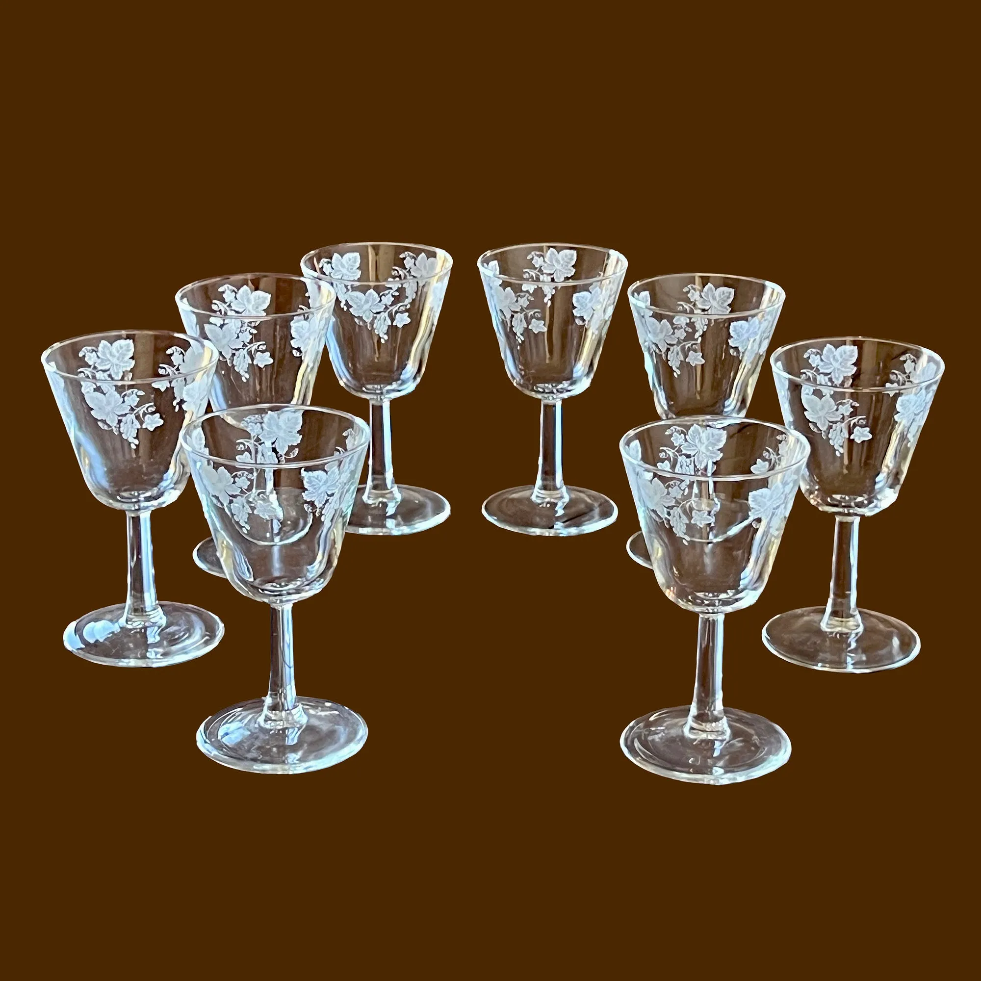 1940s JAVIT Etched Crystal Wine Goblets - 5.25" - Set of 8 - RARE FIND