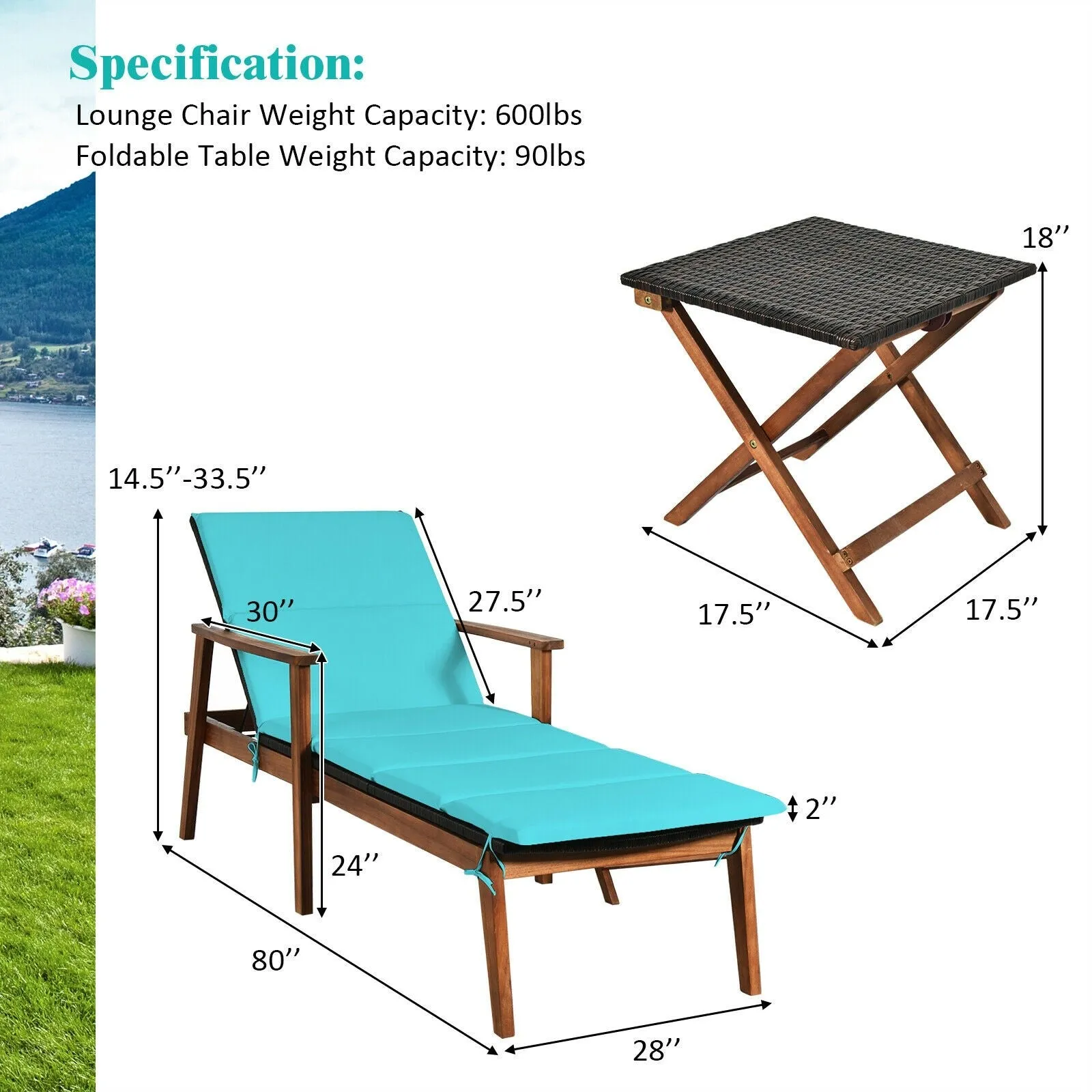3pc Patio Lounge Chair Set with Folding Table - Turquoise