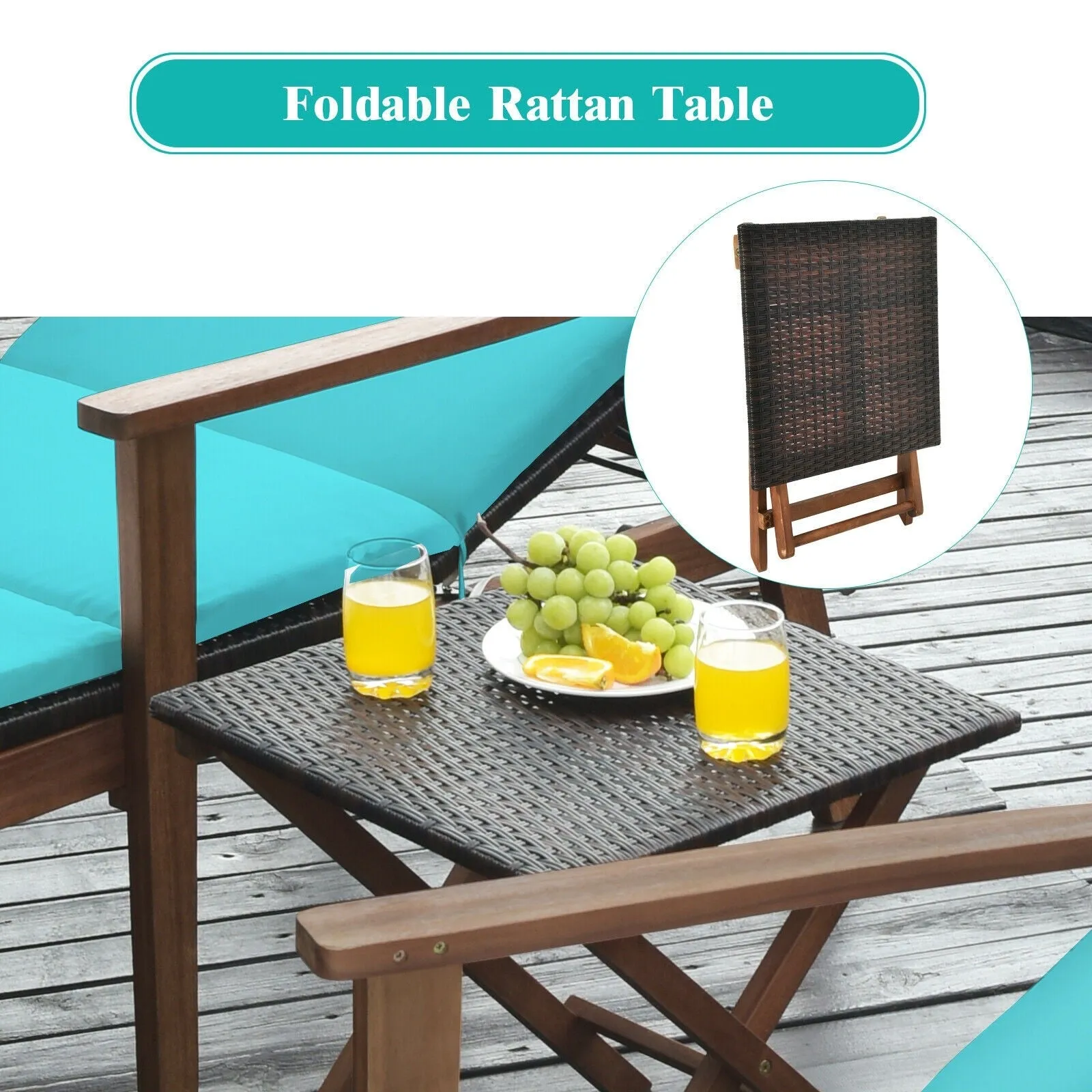 3pc Patio Lounge Chair Set with Folding Table - Turquoise