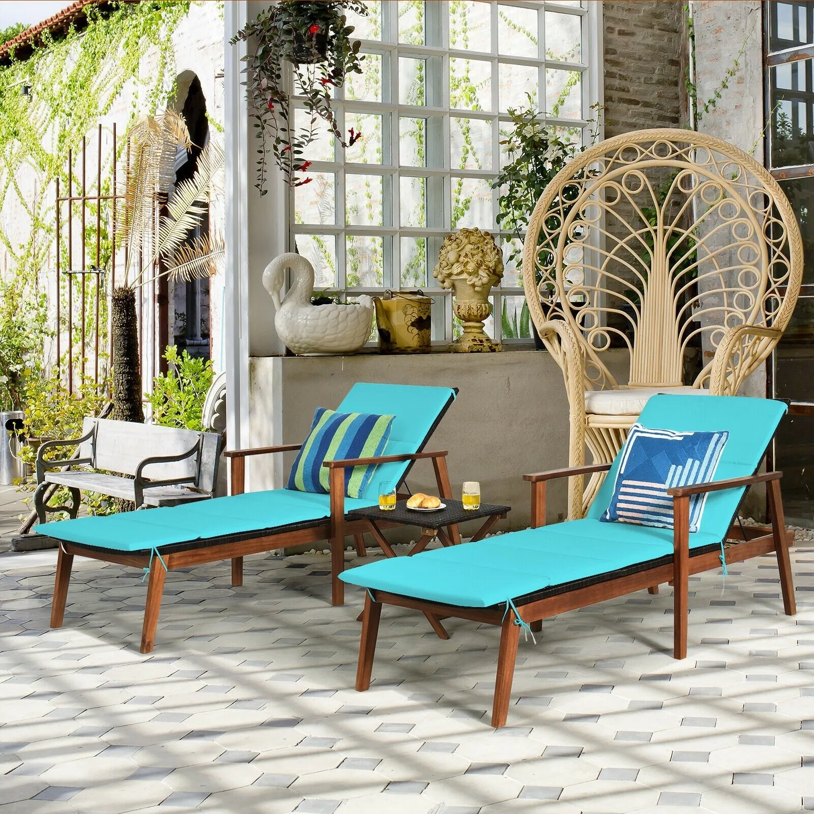 3pc Patio Lounge Chair Set with Folding Table - Turquoise