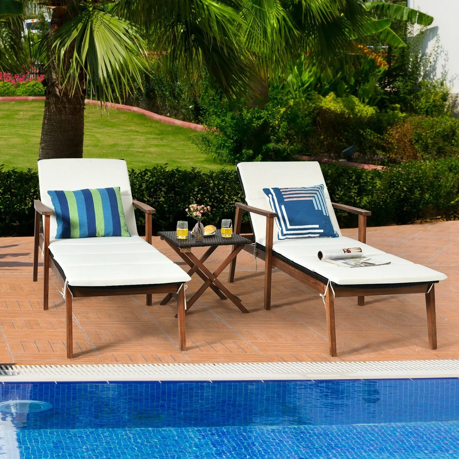 3pc Patio Lounge Chair Set with Folding Table - White