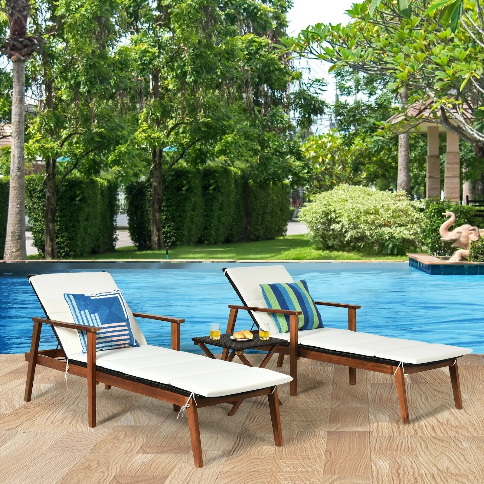 3pc Patio Lounge Chair Set with Folding Table - White