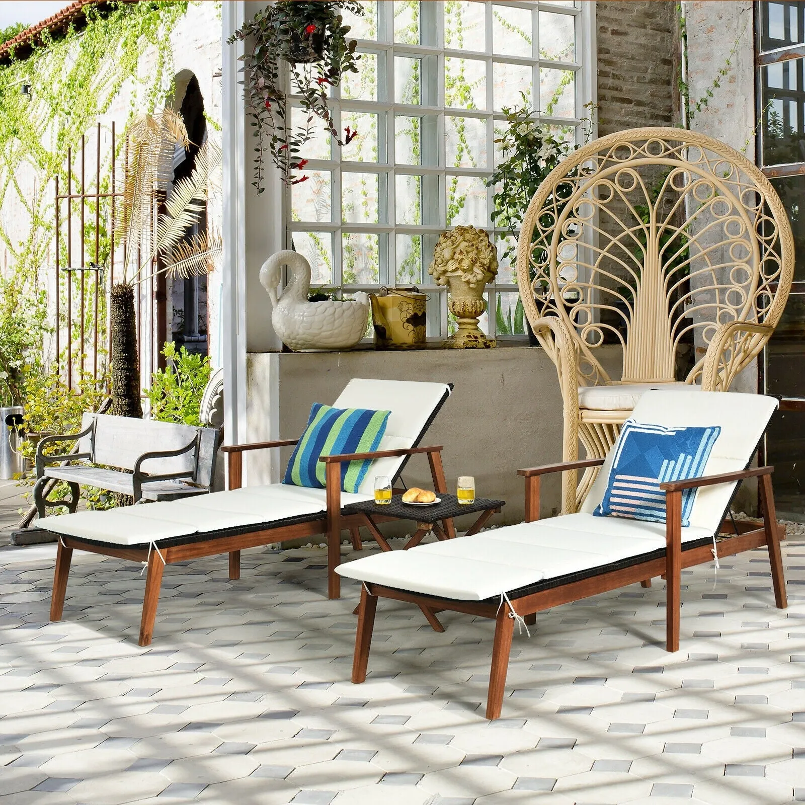3pc Patio Lounge Chair Set with Folding Table - White