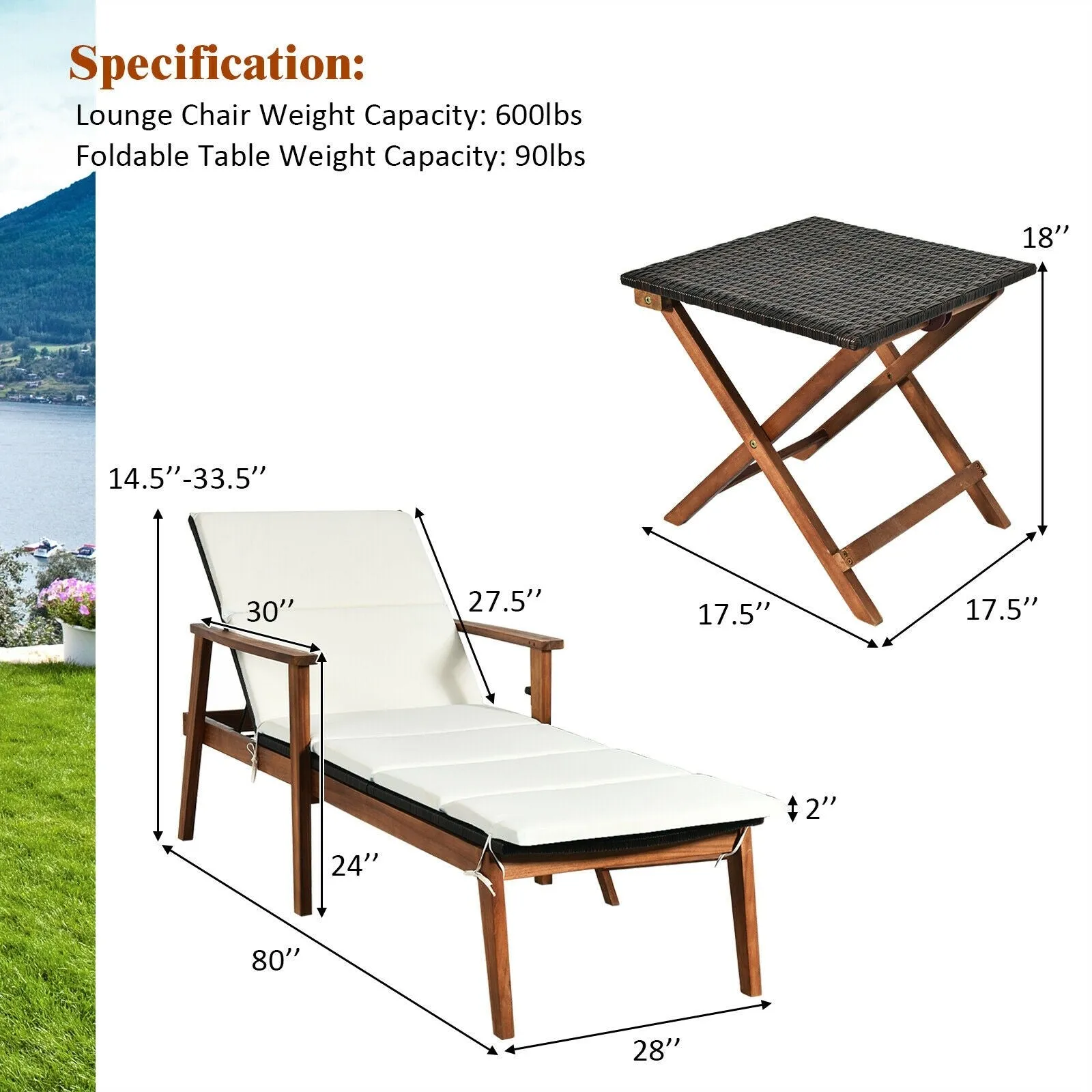 3pc Patio Lounge Chair Set with Folding Table - White