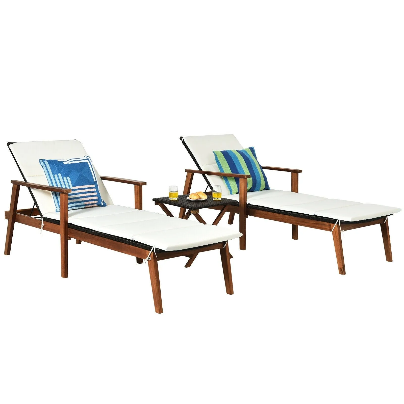 3pc Patio Lounge Chair Set with Folding Table - White