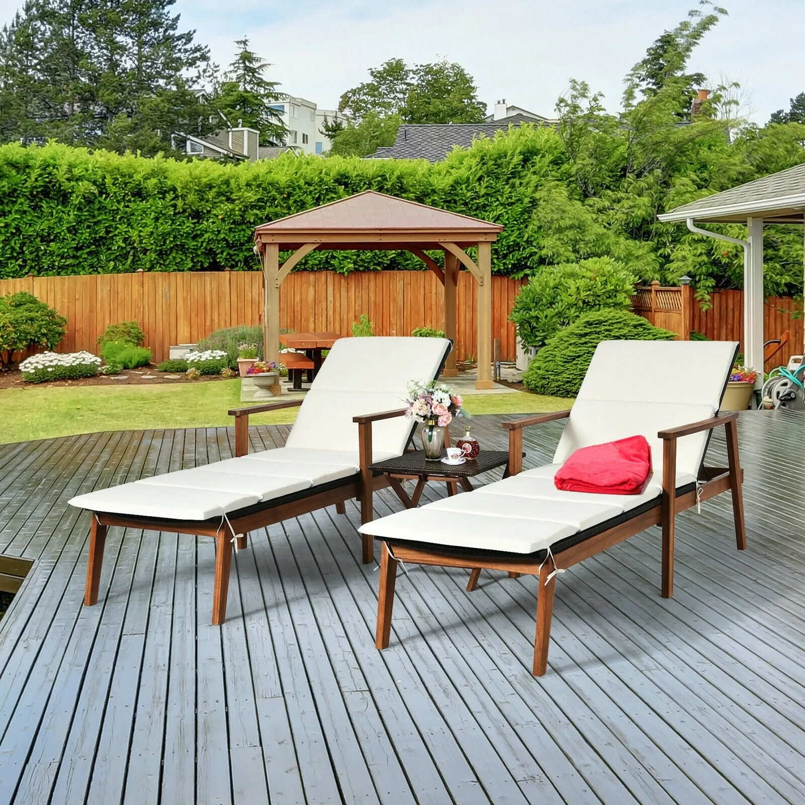 3pc Patio Lounge Chair Set with Folding Table - White