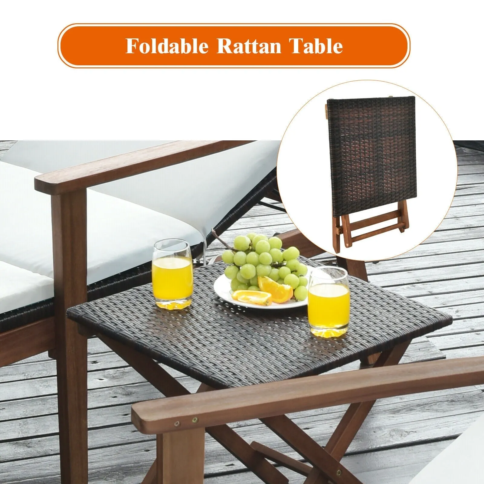 3pc Patio Lounge Chair Set with Folding Table - White