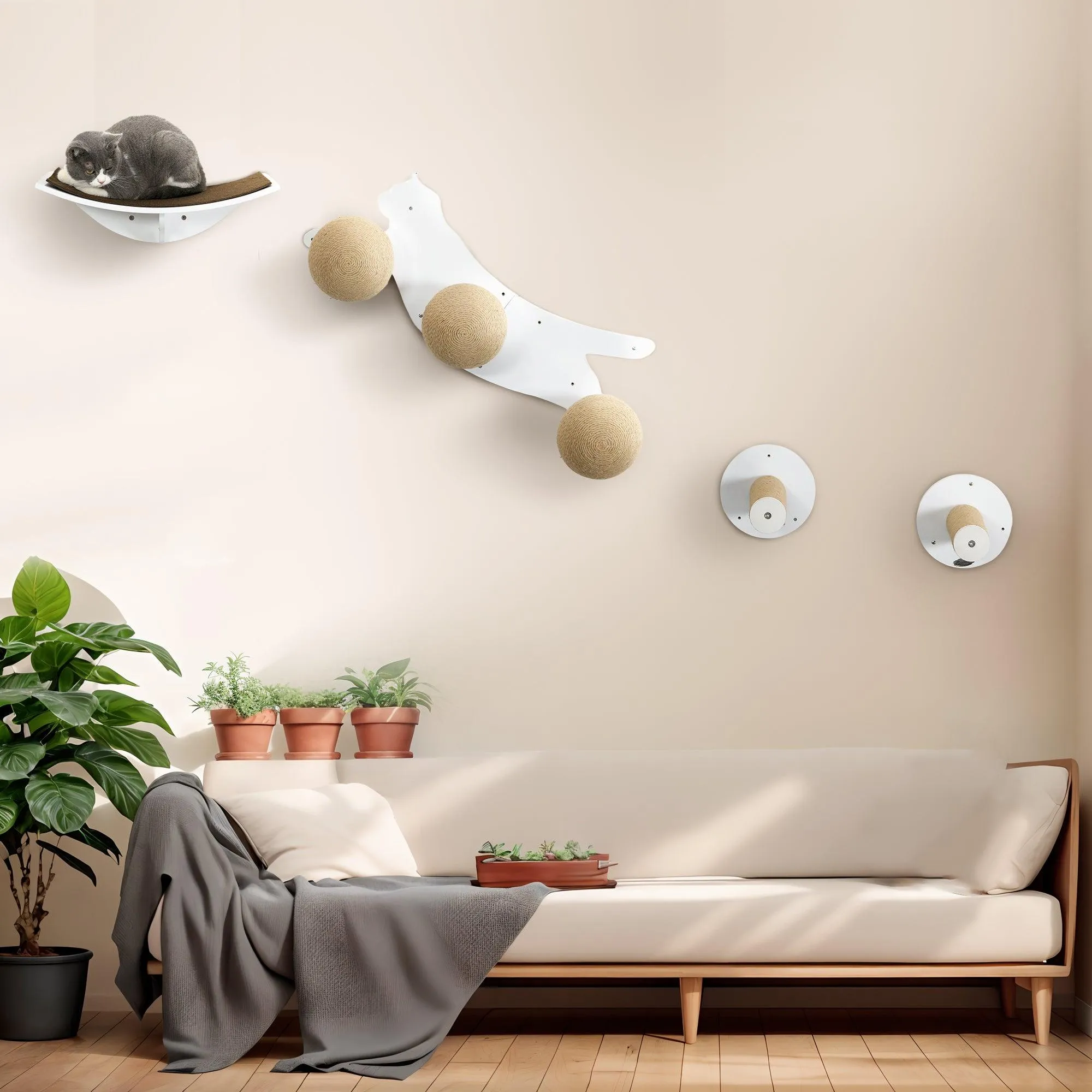 4-Piece Wall Mounted Cat Shelves, Cat-shaped Platform - White
