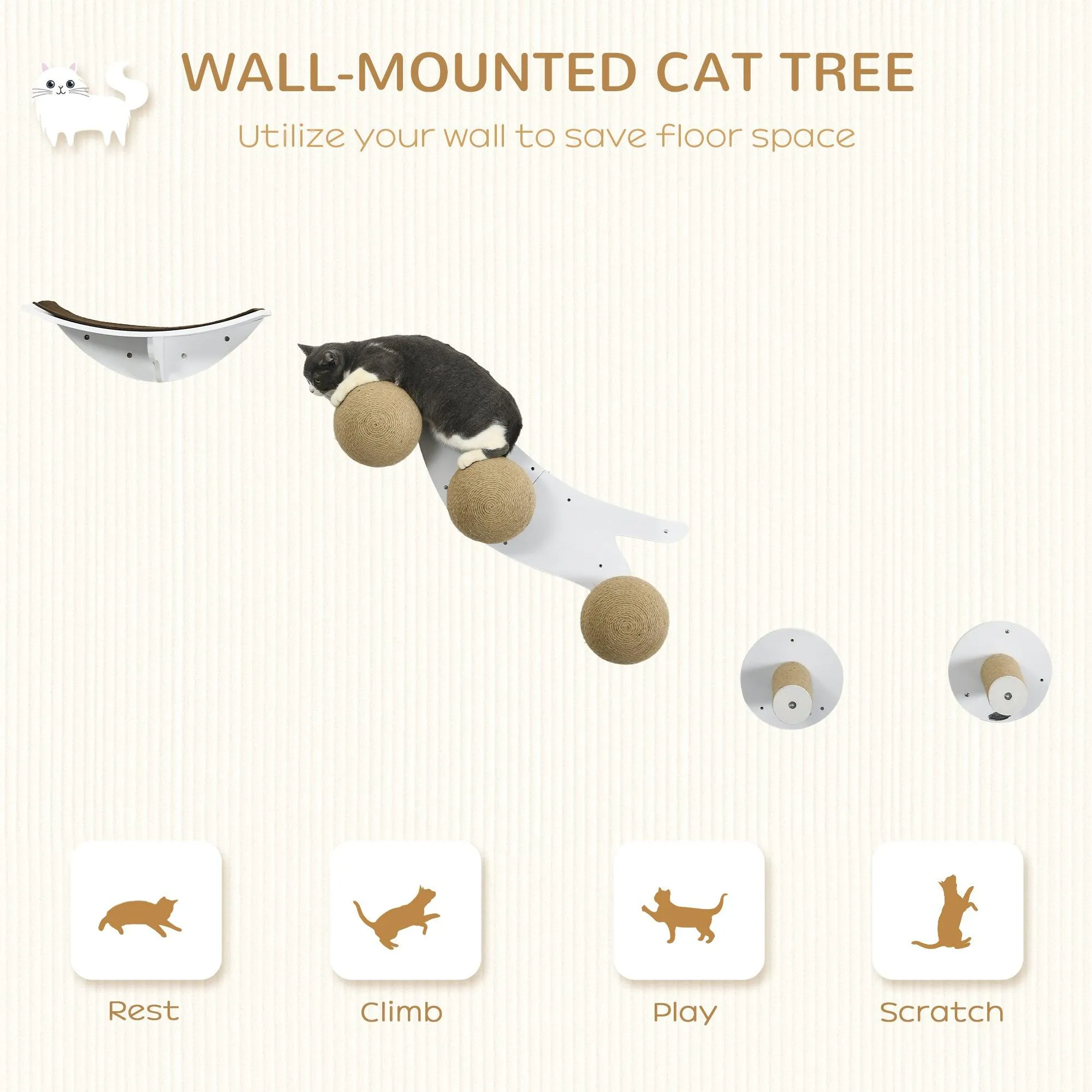 4-Piece Wall Mounted Cat Shelves, Cat-shaped Platform - White
