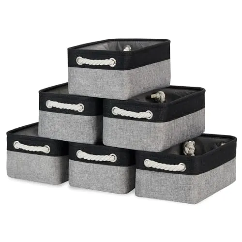 Bidtakay Small Canvas storage baskets with Handles [6 Pack] Navy Blue Fabric Storage Bins 11.8 x 7.8 x 5 inches Decorative storage baskets for Shelves, Closet, Nursery (White&Blue)
