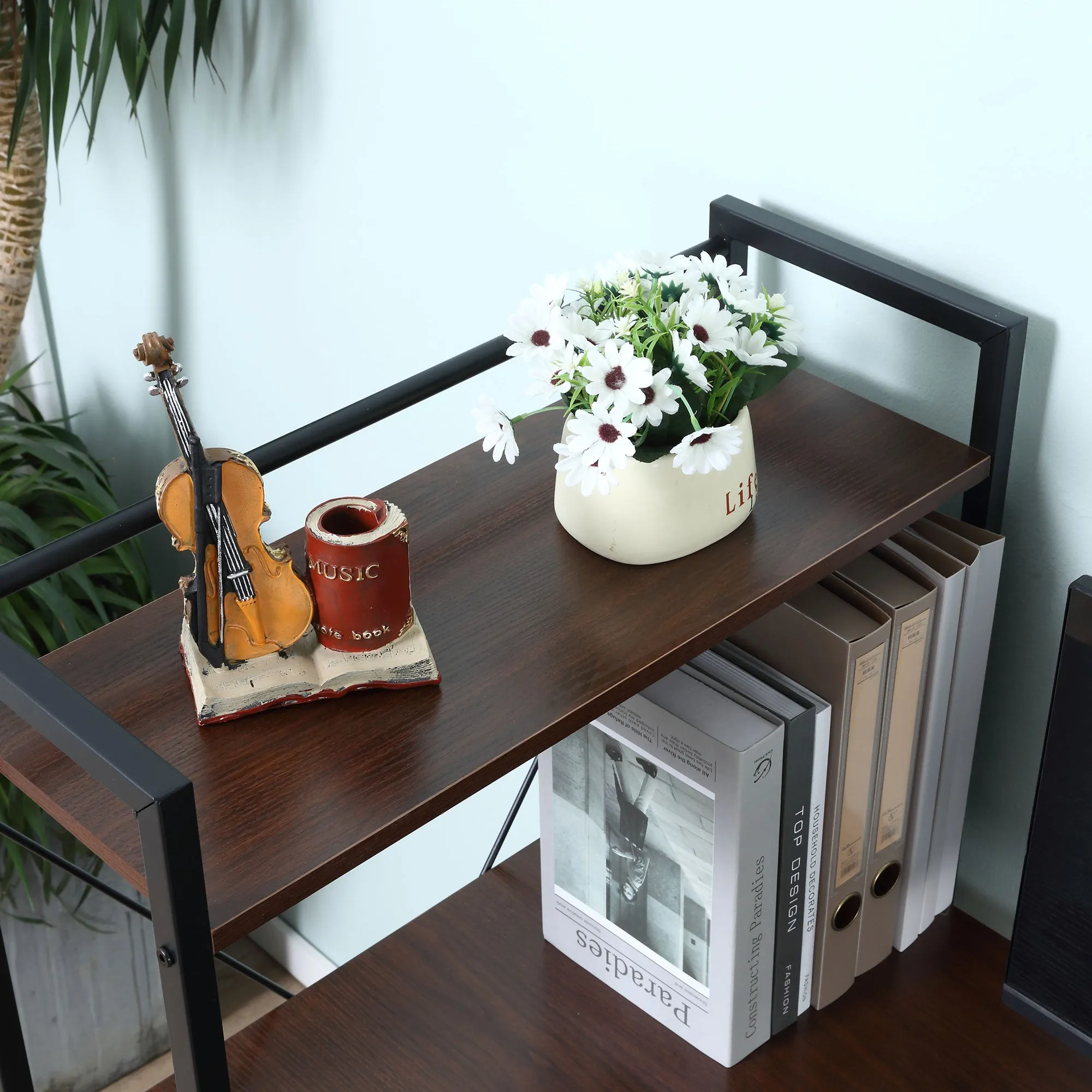 Computer Desk PC Table  Study Workstation Home Office with 4-tier Bookshelf Storage Metal Frame Wooden Top (Walnut & Black)