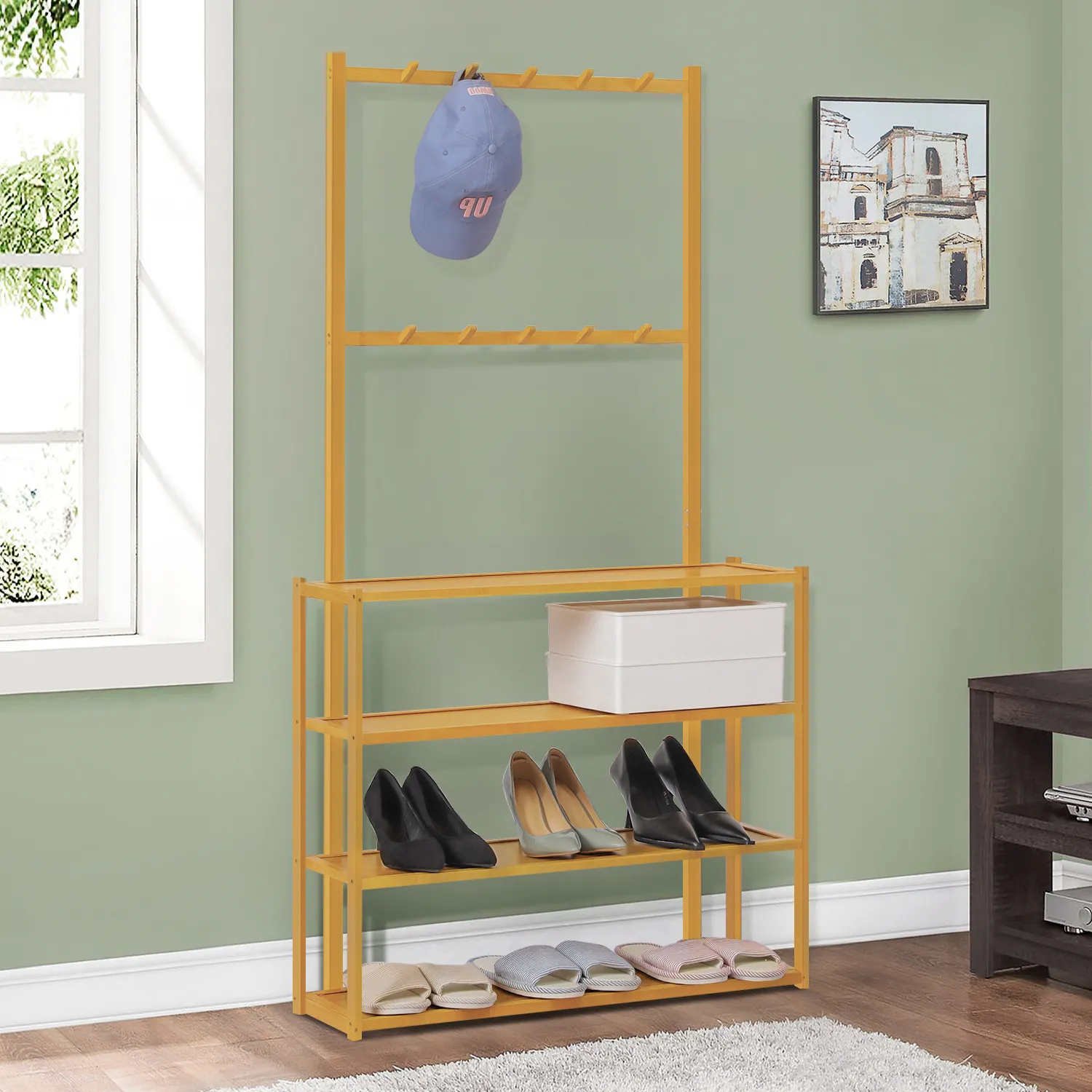 Entryway Coat Rack - with Accessories Storage Shelves - Natural