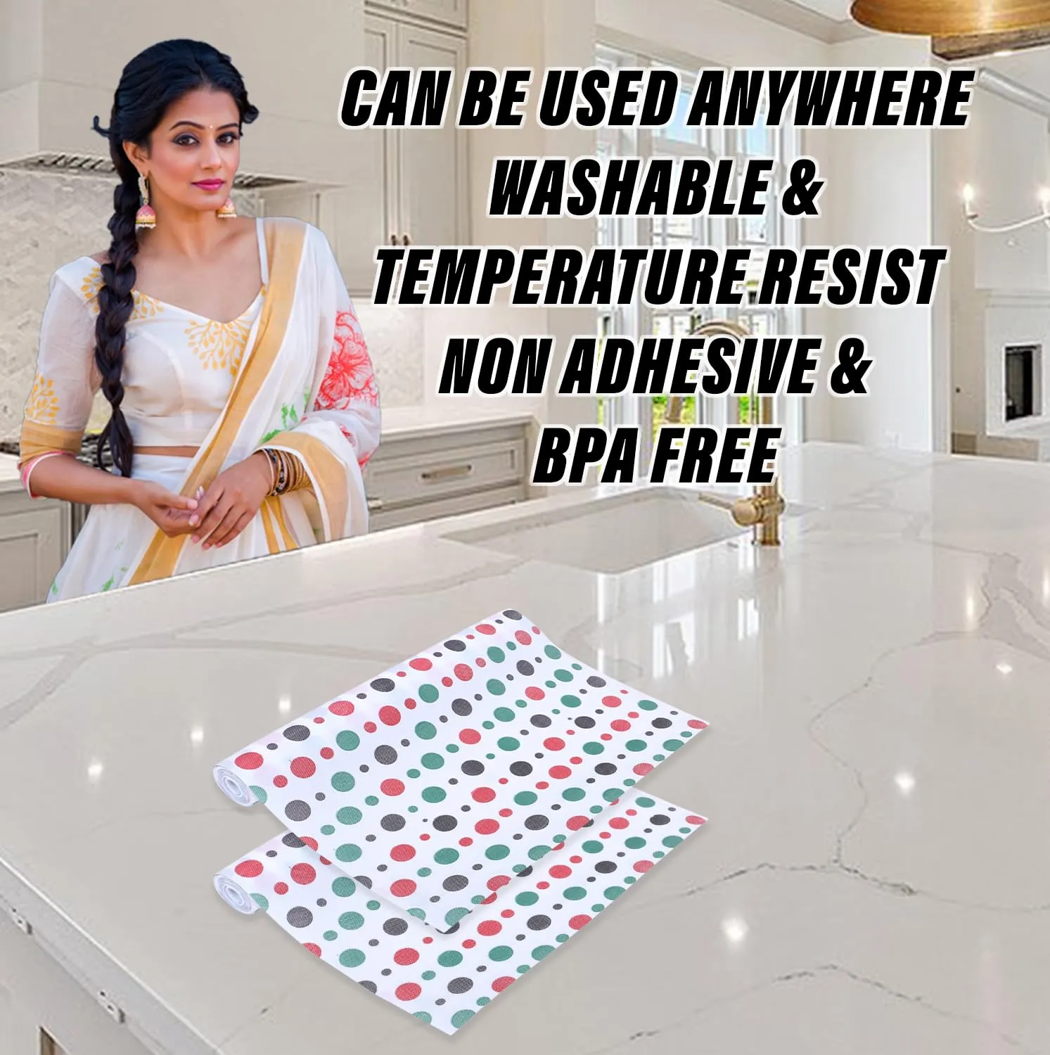 Kuber Industries Shelf Liner | EVA Kitchen Cabinet Shelf Mat | Anti-Slip Bathroom Mat | Fridge Mat | Table Mat | Multi Dot Print Wardrobe Mat | 10 Meter | White