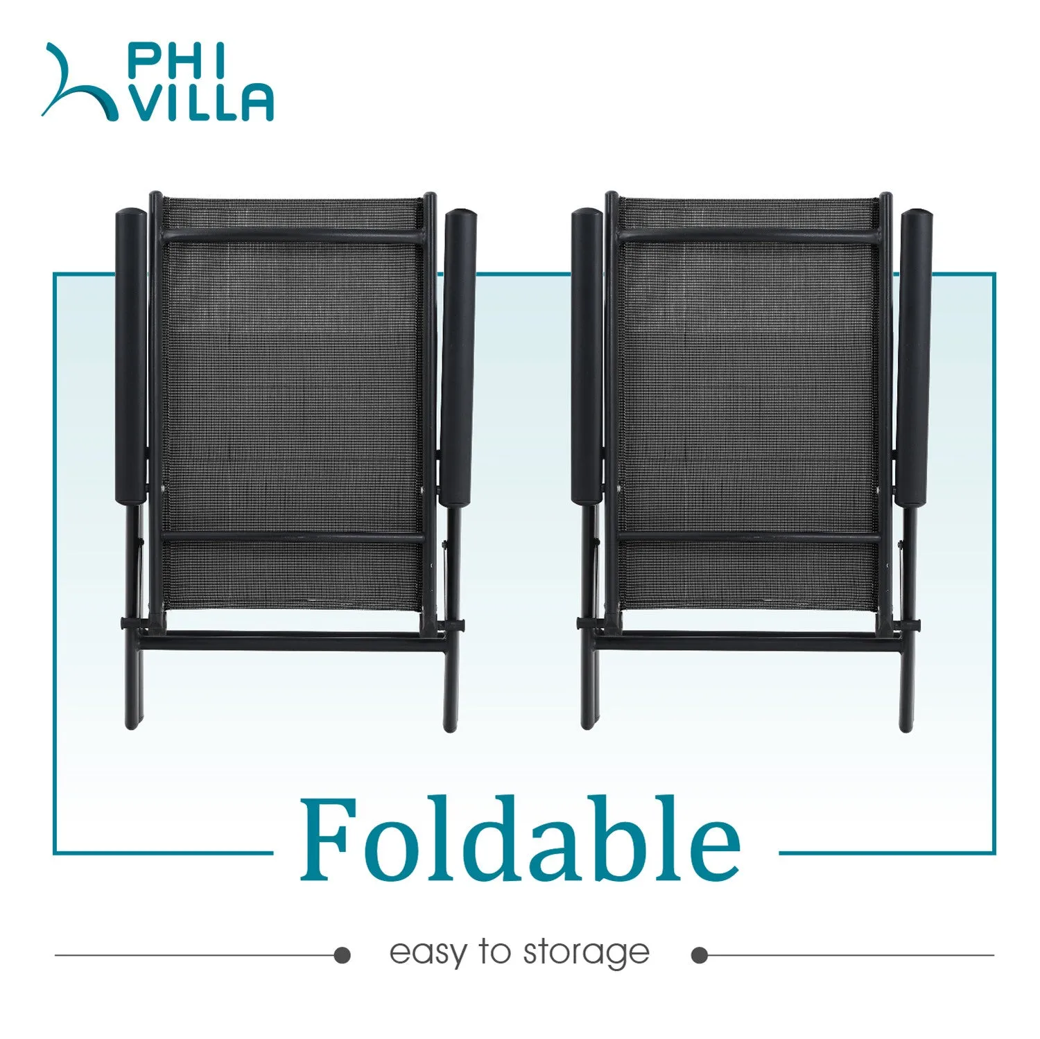 Phi Villa  Folding Sling Dining Chair Aluminum & Steel Frame, Set of 2