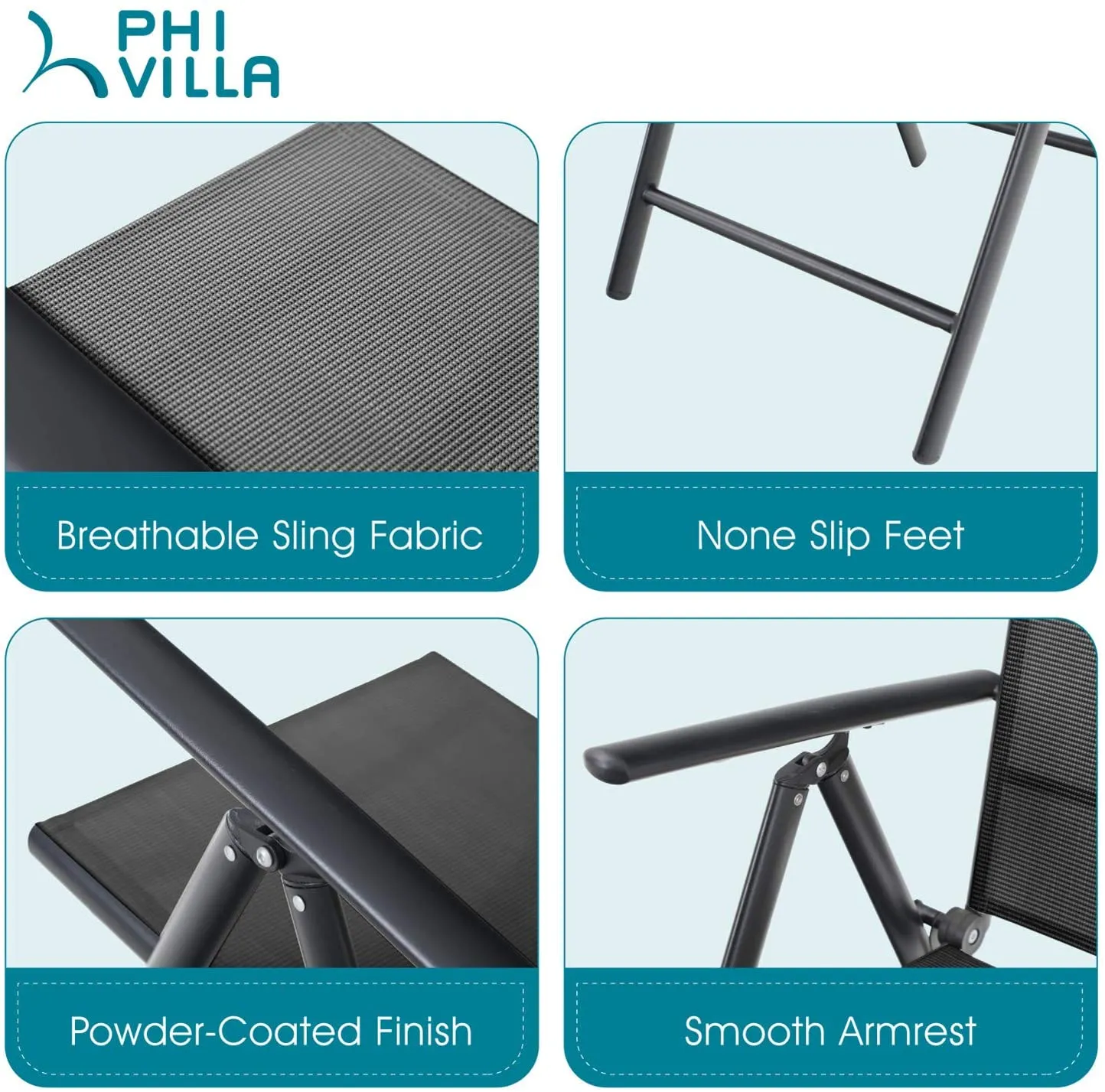 Phi Villa  Folding Sling Dining Chair Aluminum & Steel Frame, Set of 2