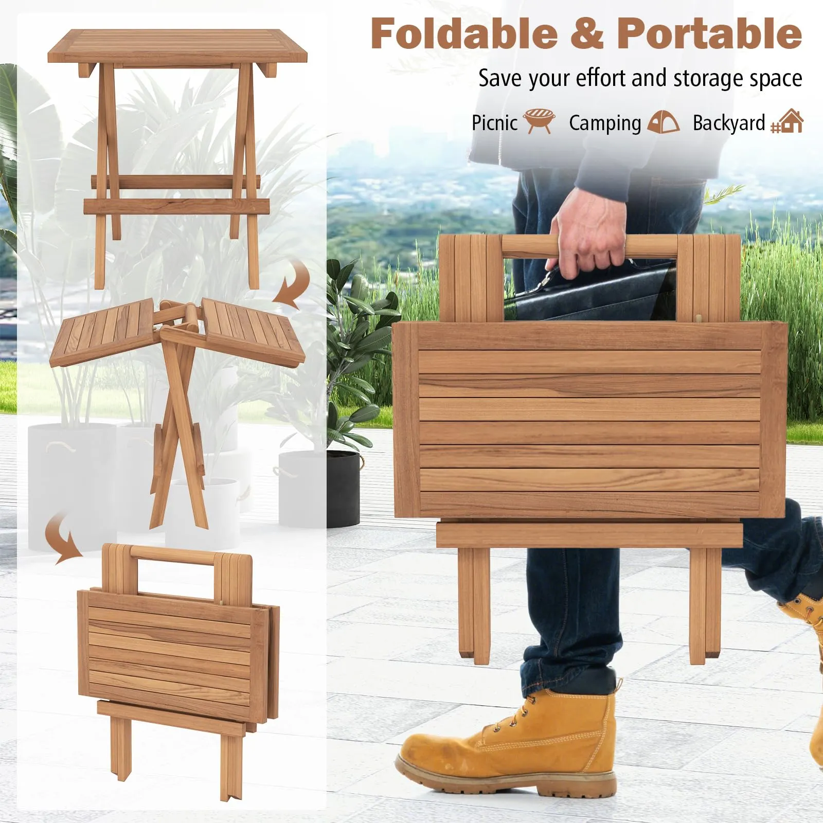 Tangkula Patio Folding Side Table, Teak Wood Square End Table with Slatted Tabletop