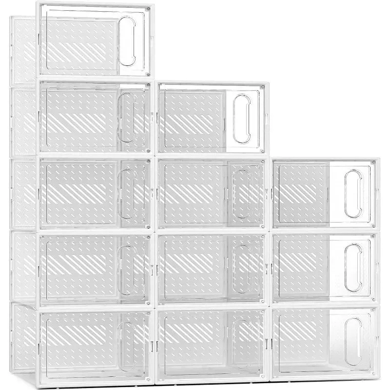 The Ultimate Shoe Storage Solution: Large Shoe Storage Box with Magnetic Door, 12 Pack Clear Plastic Stackable Sneaker Organizer, Connect Left